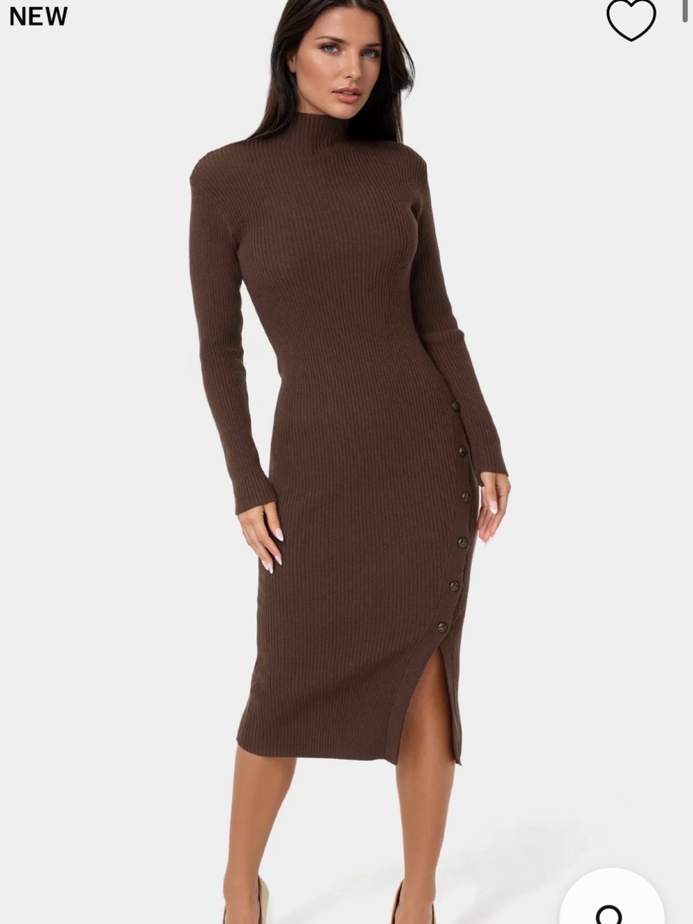 Ribbed Mock Neck Midi Sweater Dress in Brown